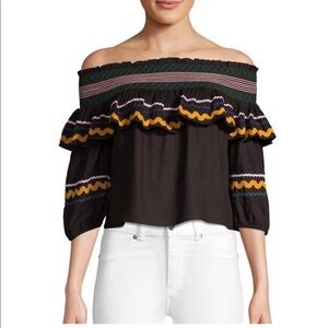 Red Carter Ric Rac Off The Shoulder Cropped Crop Top Paloma Ruffle Embroidered